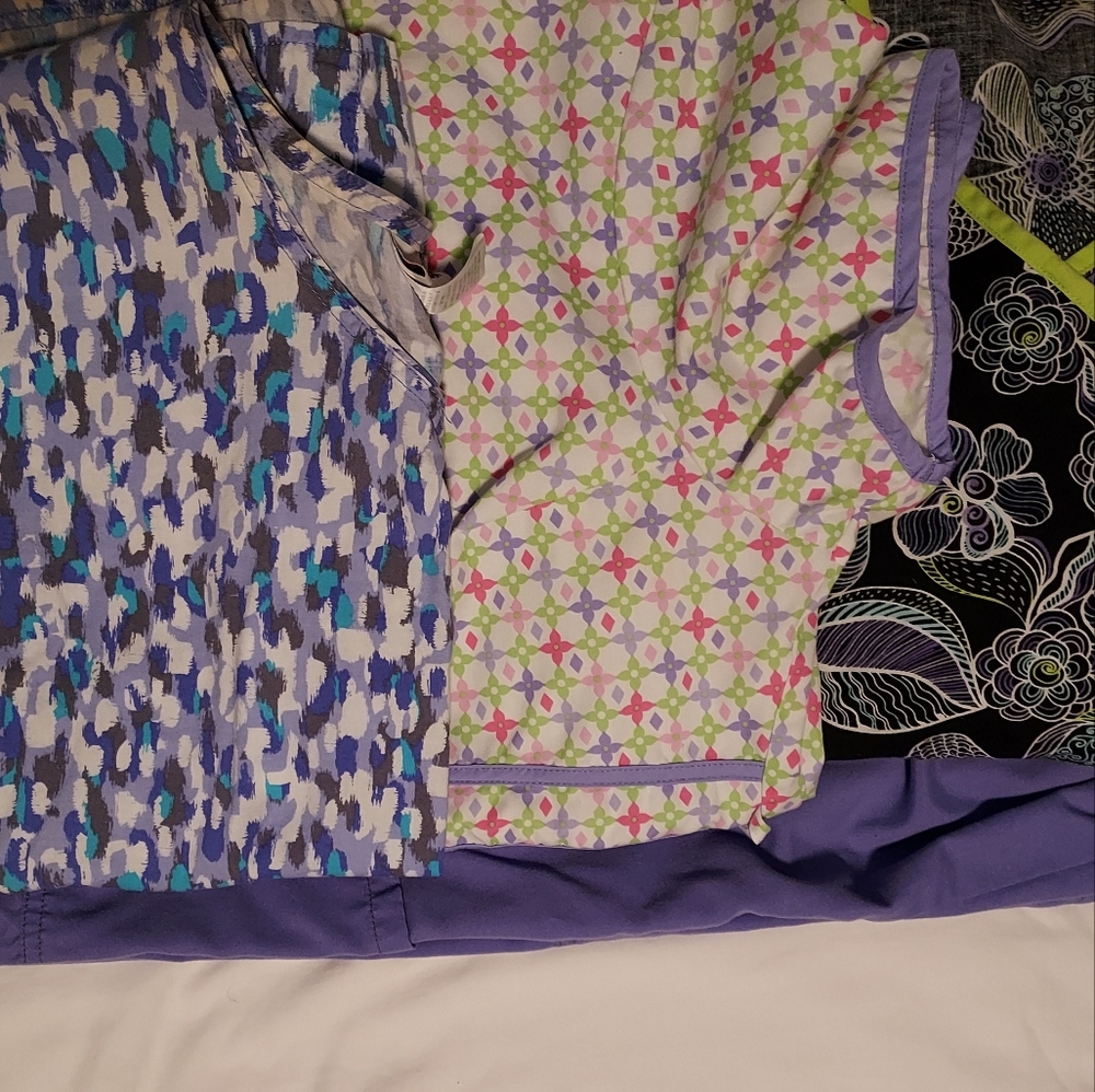 3 Scrub Tops Size Large matching Lavender Scrub Pant Size Sm Cherokee Scrubstar